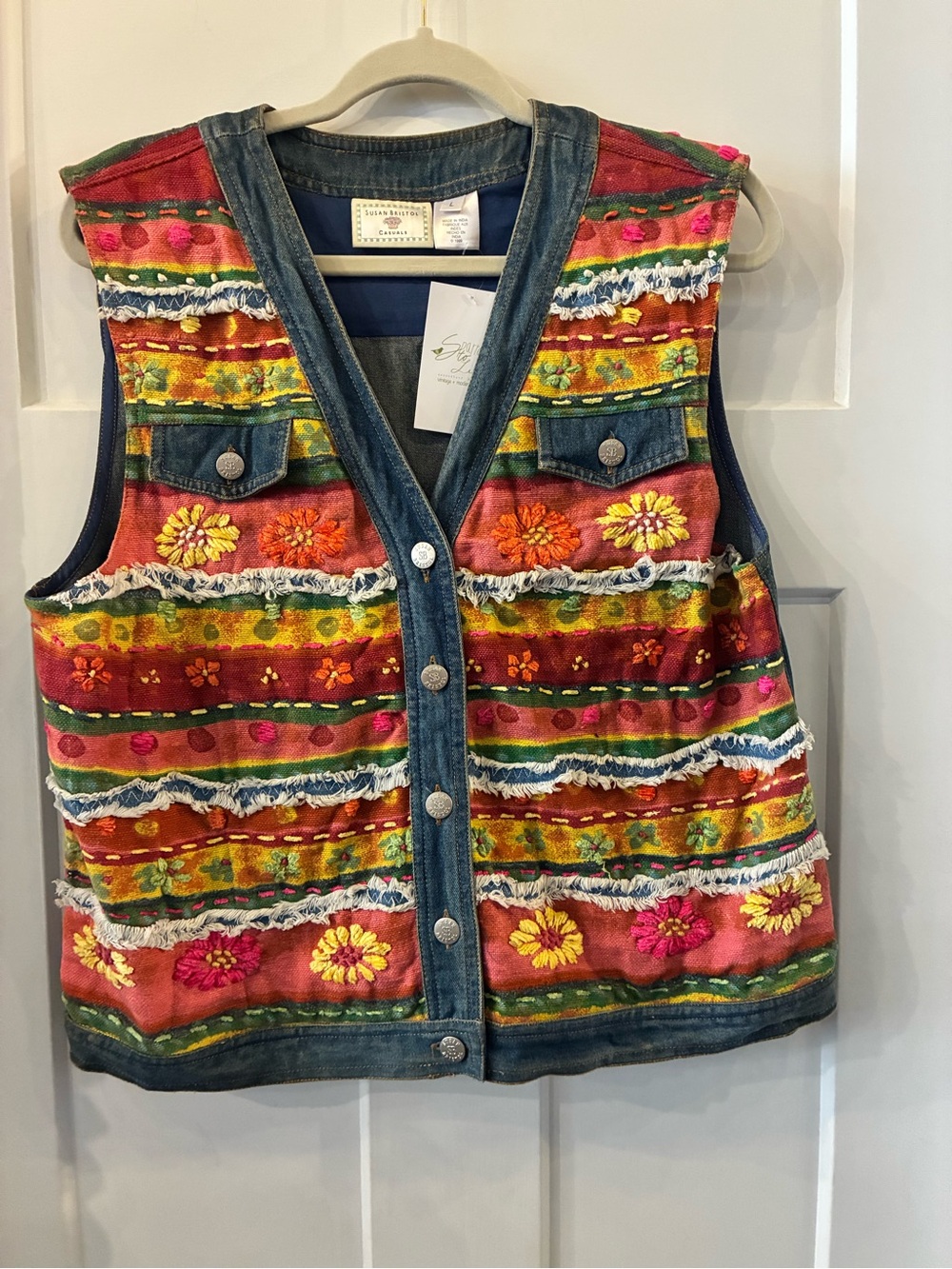Susan Bristol Multicolor Embroidered Denim-Trim Vest